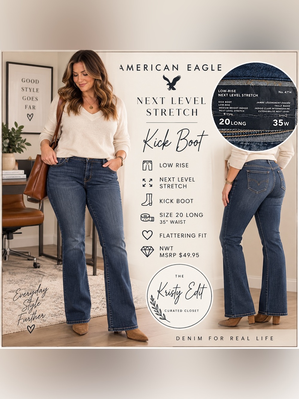 American Eagle Next Level Stretch Kick Boot Jeans 20 Long 4714 NWT